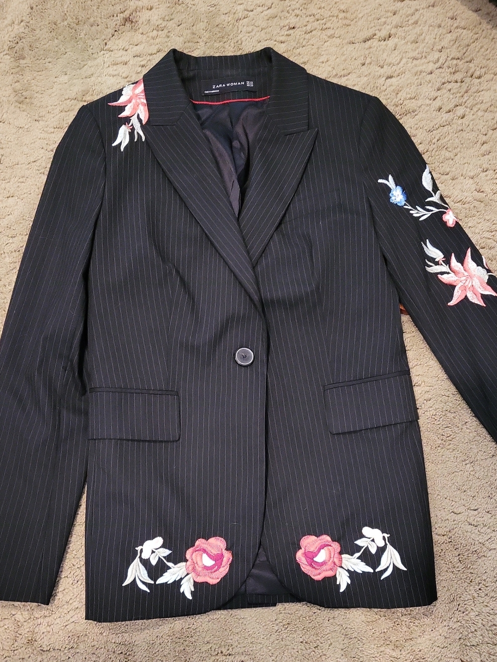 Zara Black Pinstripe Blazer with Pink & White Floral Embroidery